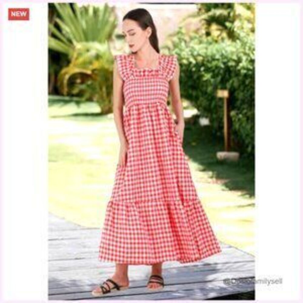 Retro Plaid Smocked Dress with Pockets, Spaghetti Strap, Flounce Hem - Picture 2 of 5